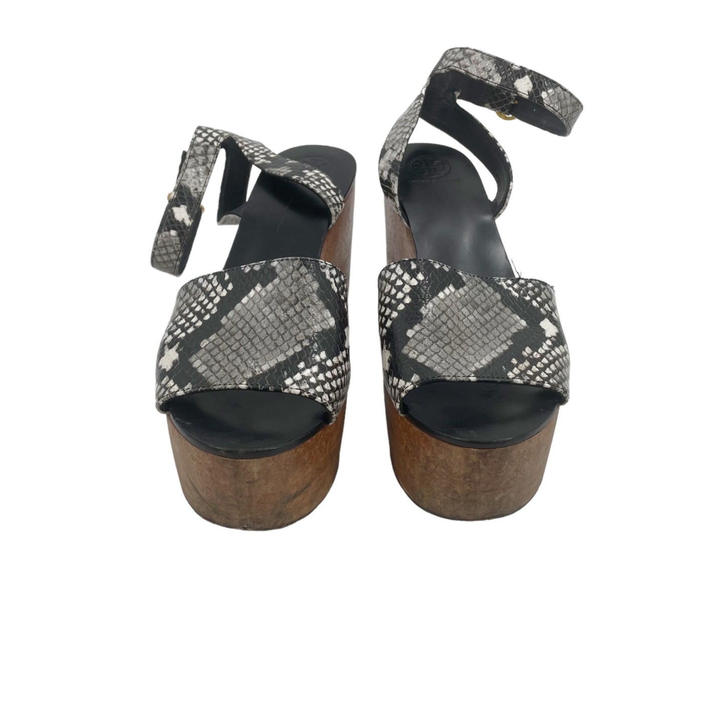 Tory Burch Camilla Leather Snake Print Wooden Platform Sandals Heels Womens 9