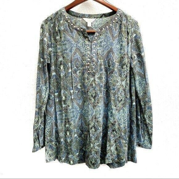 Sun & Shadow Green Boho Studded Long Sleeve Tunic Womens Size XS Swim Cover