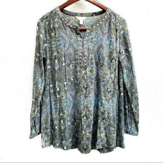 Sun & Shadow Green Boho Studded Long Sleeve Tunic Womens Size XS Swim Cover