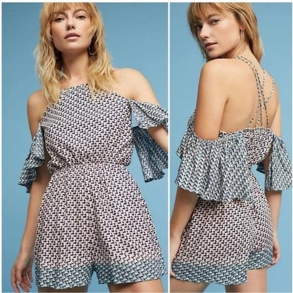 NWT Anthropologie Elevenses Madalenna Ruffle Sleeve Romper Womens Medium Hippie