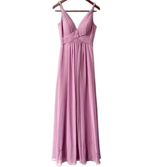 Azazie V-Neck Bridesmaid Prom Maxi Dress Womens Small Formal Chiffon Lavender