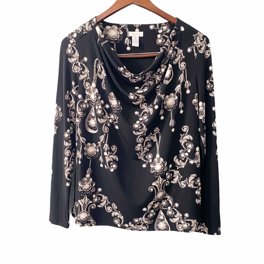 Chico's Cowl Neck Black Jewel Print Jersey Knit Shirt Womens Small Glam Elegant