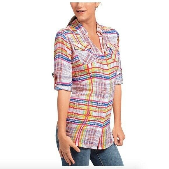 Cabi Soft Colorful Plaid Cirque Tunic Top Womens XS Casual Roll Tab Sleeves