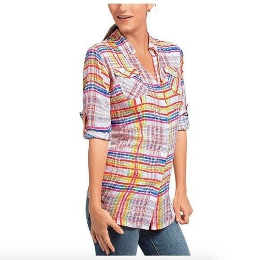 Cabi Soft Colorful Plaid Cirque Tunic Top Womens XS Casual Roll Tab Sleeves