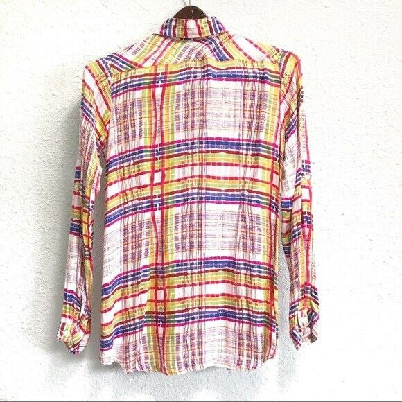 Cabi Soft Colorful Plaid Cirque Tunic Top Womens XS Casual Roll Tab Sleeves