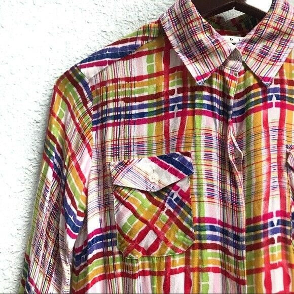 Cabi Soft Colorful Plaid Cirque Tunic Top Womens XS Casual Roll Tab Sleeves