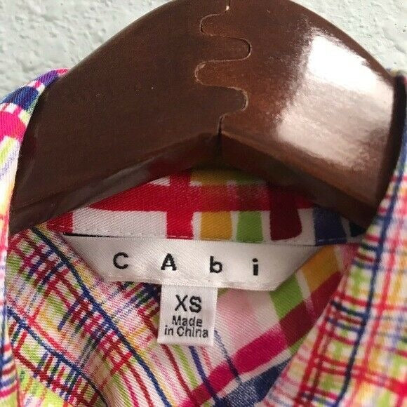 Cabi Soft Colorful Plaid Cirque Tunic Top Womens XS Casual Roll Tab Sleeves