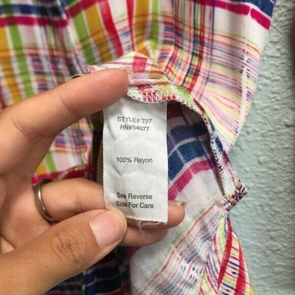 Cabi Soft Colorful Plaid Cirque Tunic Top Womens XS Casual Roll Tab Sleeves