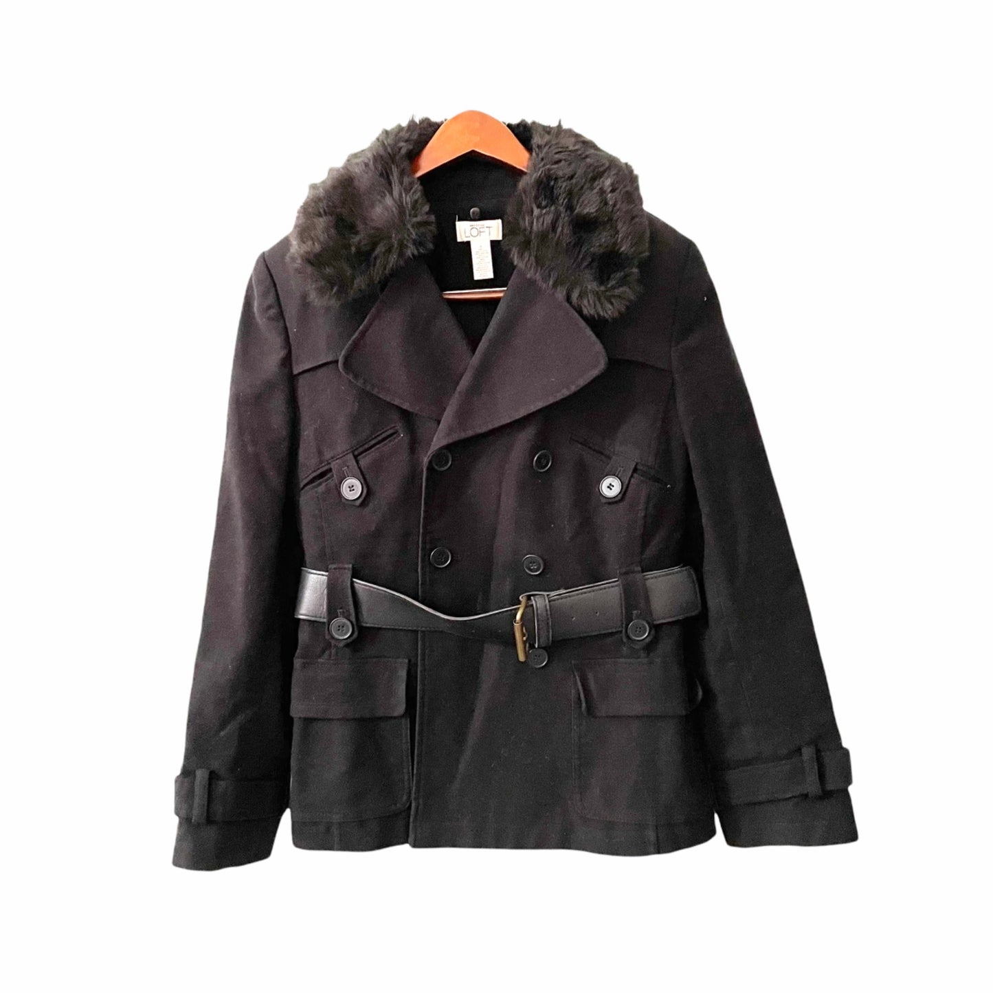 LOFT Black Belted Pea Coat Removable Faux Fur Collar Womens Size 8 Chic Glam