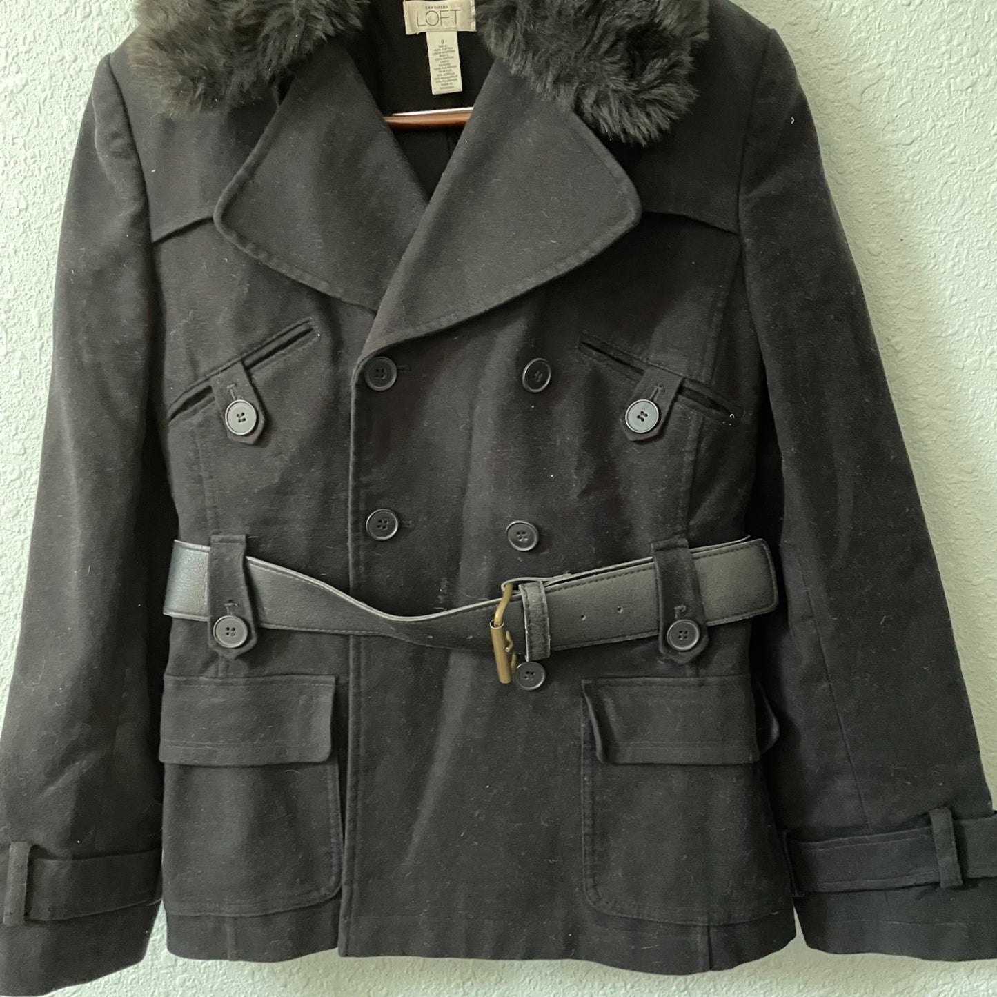 LOFT Black Belted Pea Coat Removable Faux Fur Collar Womens Size 8 Chic Glam