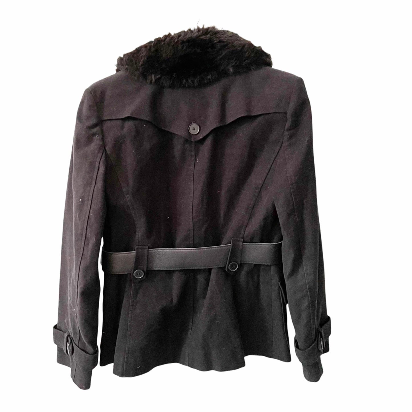 LOFT Black Belted Pea Coat Removable Faux Fur Collar Womens Size 8 Chic Glam