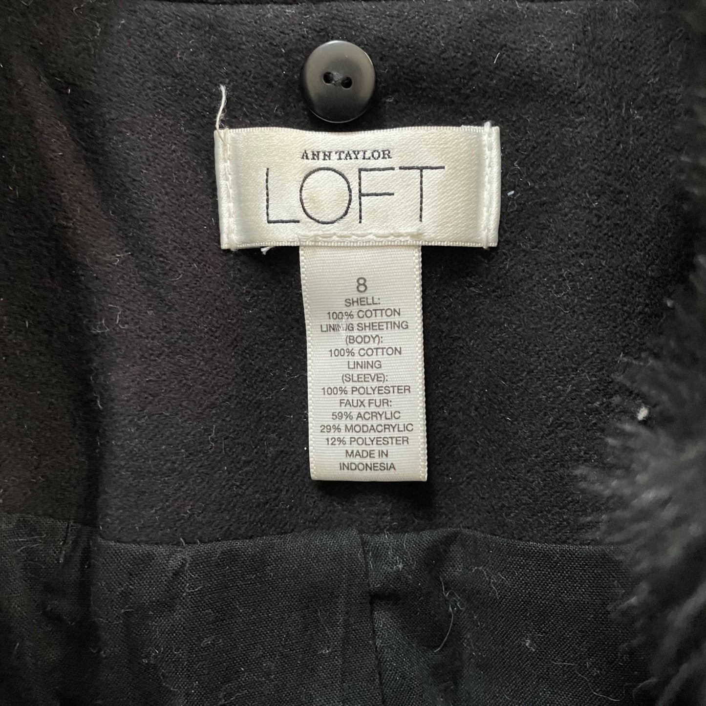 LOFT Black Belted Pea Coat Removable Faux Fur Collar Womens Size 8 Chic Glam