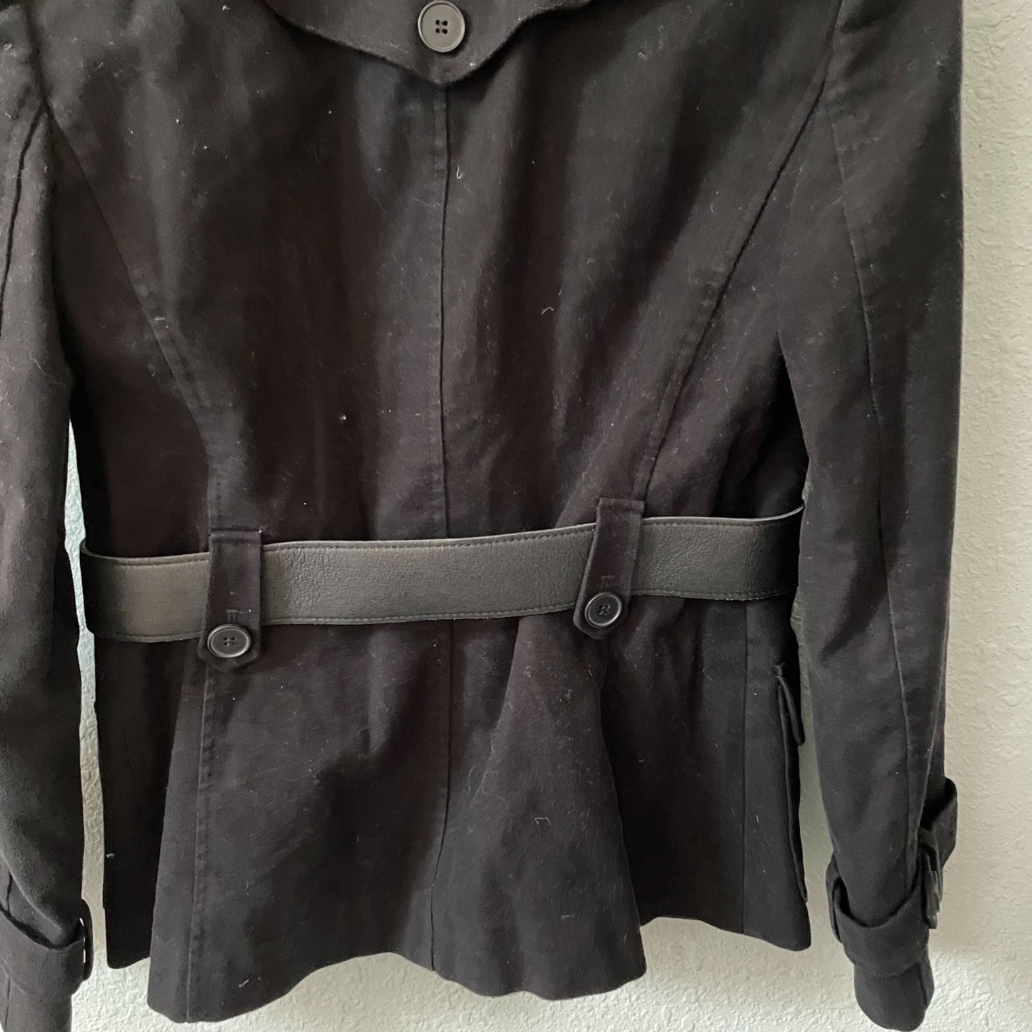 LOFT Black Belted Pea Coat Removable Faux Fur Collar Womens Size 8 Chic Glam