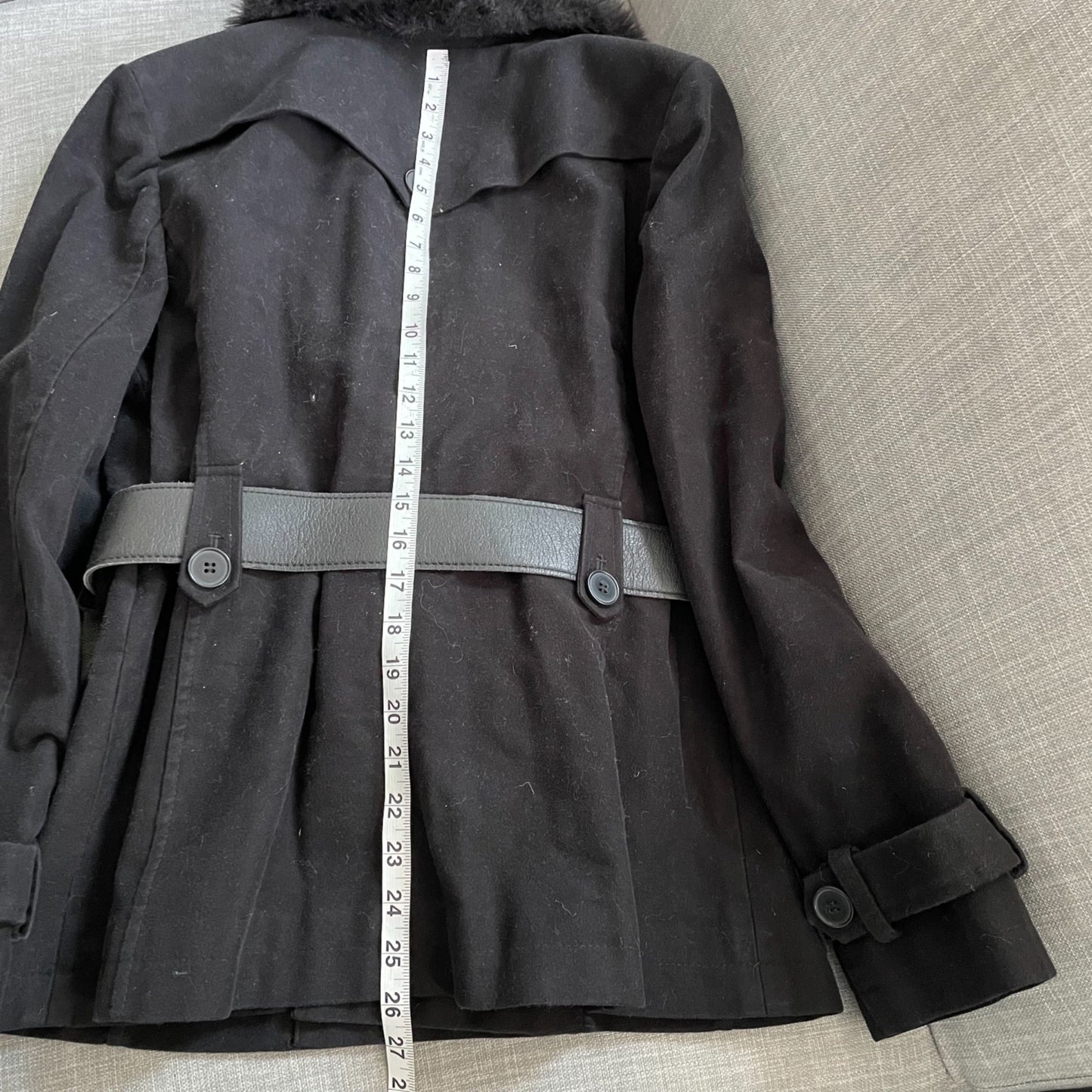 LOFT Black Belted Pea Coat Removable Faux Fur Collar Womens Size 8 Chic Glam