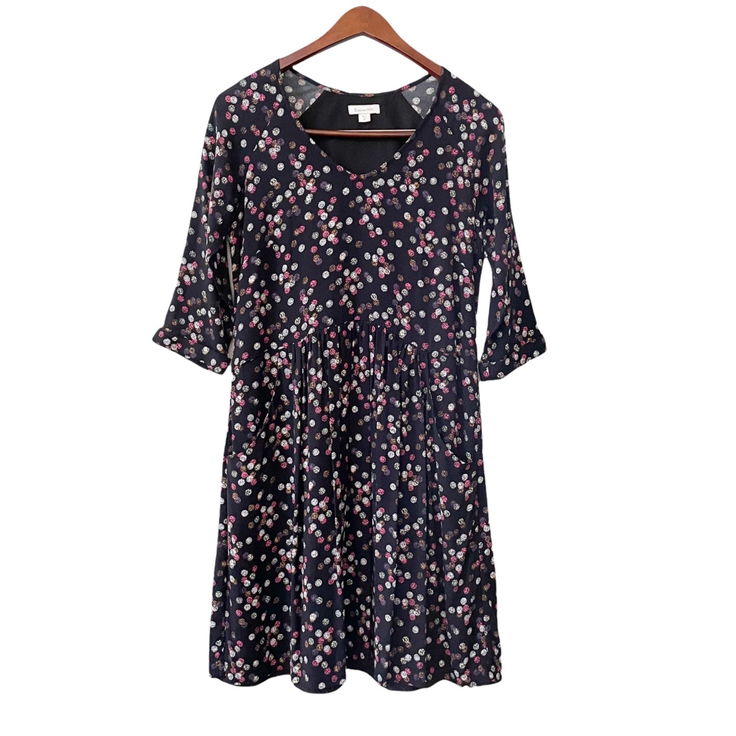 Garnet Hill Black 3/4 Sleeve Multicolor Polka Dot A-Line Dress Pockets Womens 2