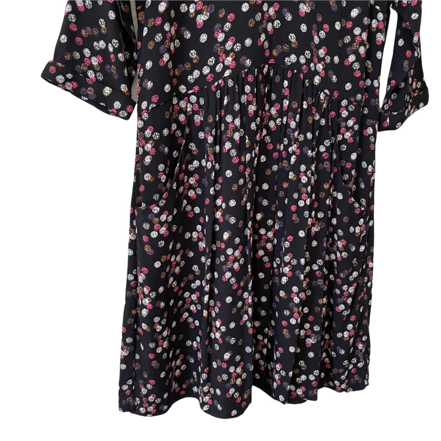 Garnet Hill Black 3/4 Sleeve Multicolor Polka Dot A-Line Dress Pockets Womens 2