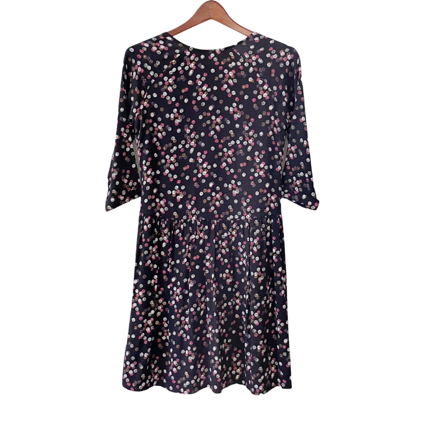 Garnet Hill Black 3/4 Sleeve Multicolor Polka Dot A-Line Dress Pockets Womens 2