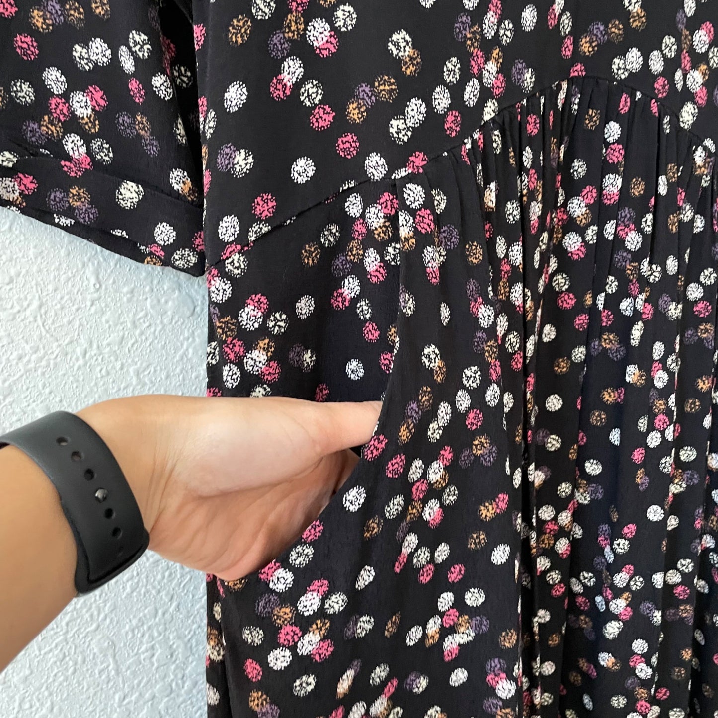 Garnet Hill Black 3/4 Sleeve Multicolor Polka Dot A-Line Dress Pockets Womens 2