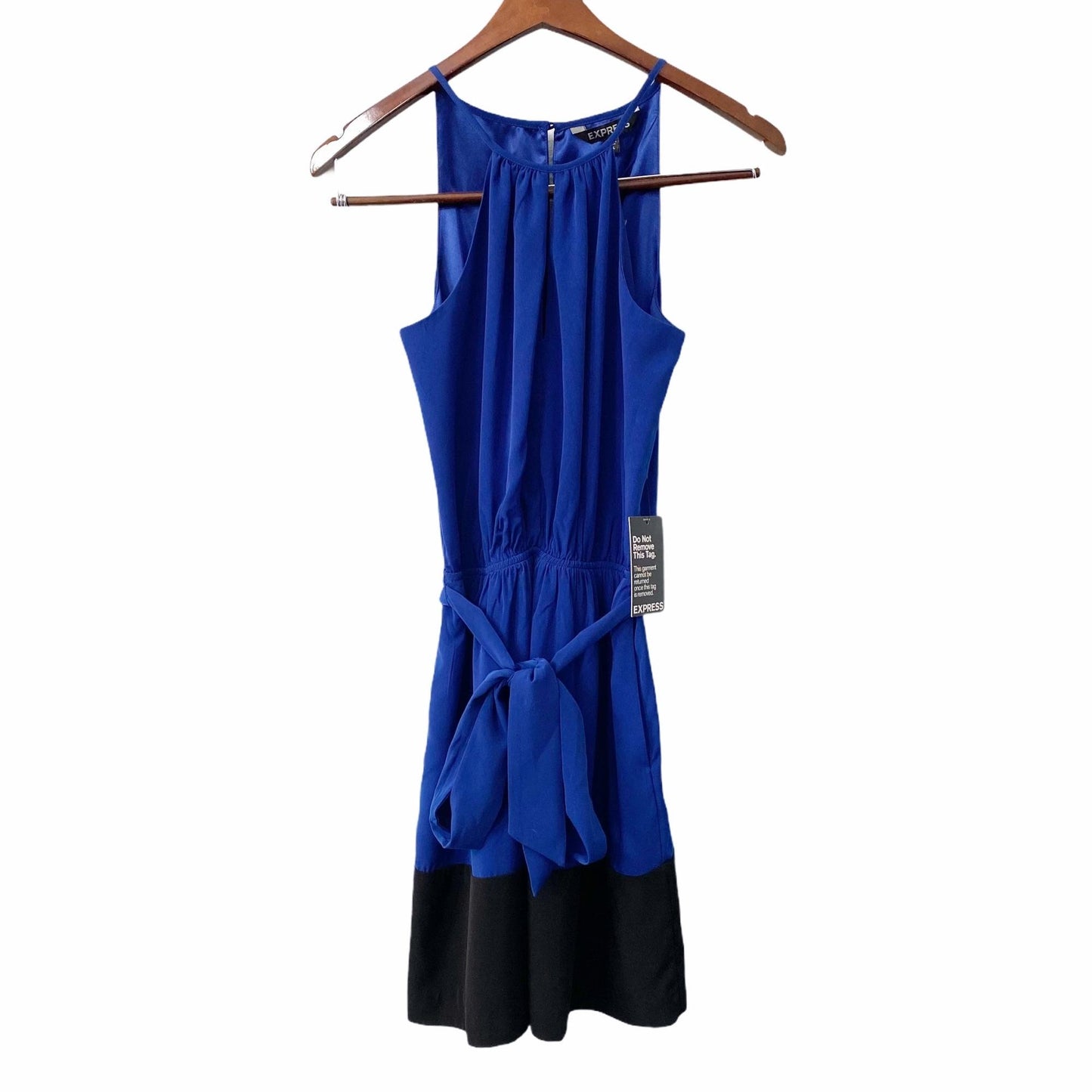 NWT Express Cobalt Blue Sleeveless Belted Dress Keyhole Neck Womens XS Party