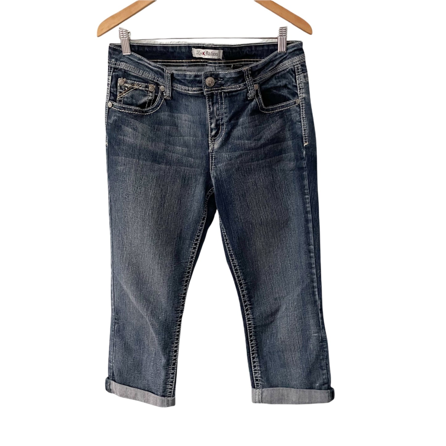 Love Nation Cropped Blue Jeans Womens 12 Mid Rise Contrast Stitching Embellished