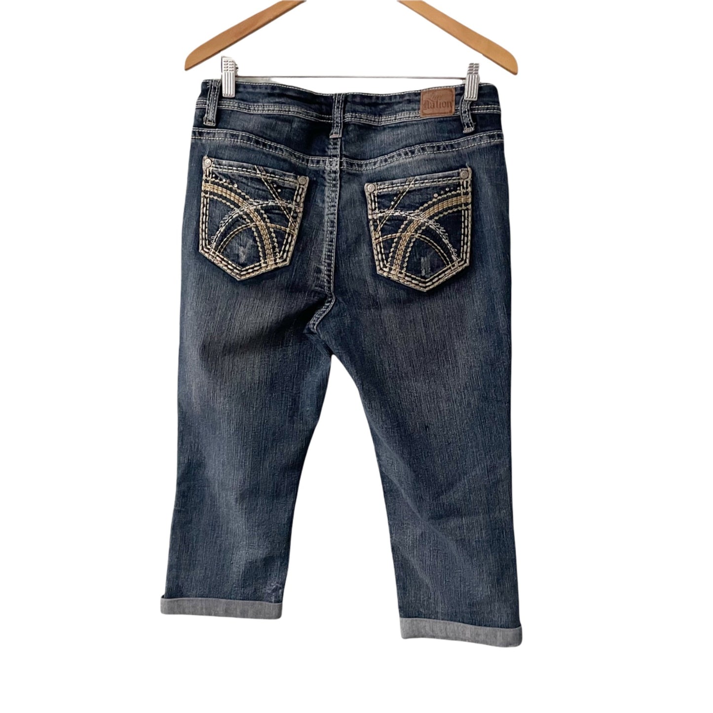 Love Nation Cropped Blue Jeans Womens 12 Mid Rise Contrast Stitching Embellished