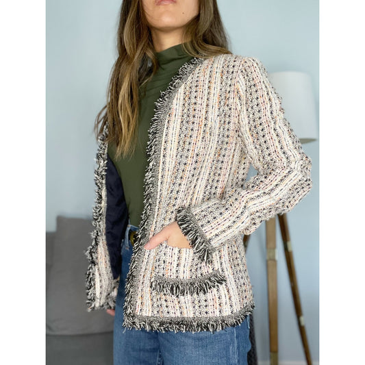 Eva Franco Reston Multicolor Tweed Fringe Hem Open Blazer Jacket Women's Small