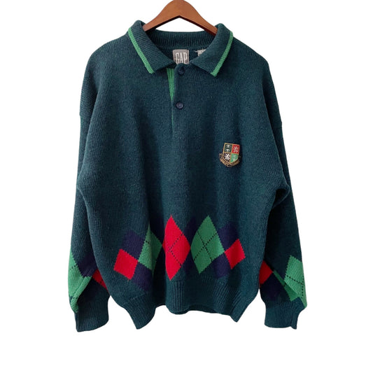 Vintage GAP Green 100% Wool World Classic Argyle Sweater Men's Size Large Preppy