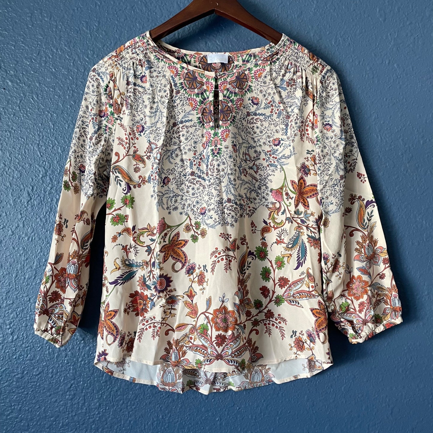 ecru The Squire Top 100% Silk Floral Paisley Keyhole Blouse Women's Size Small