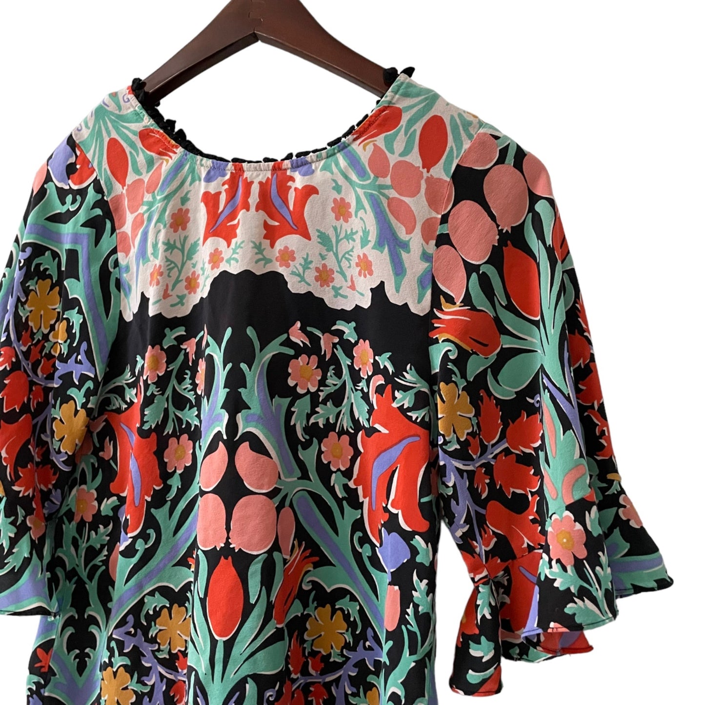 Anthropologie Maeve Folkart Kimono Sleeve Floral 100% Silk Blouse Women's Size 0
