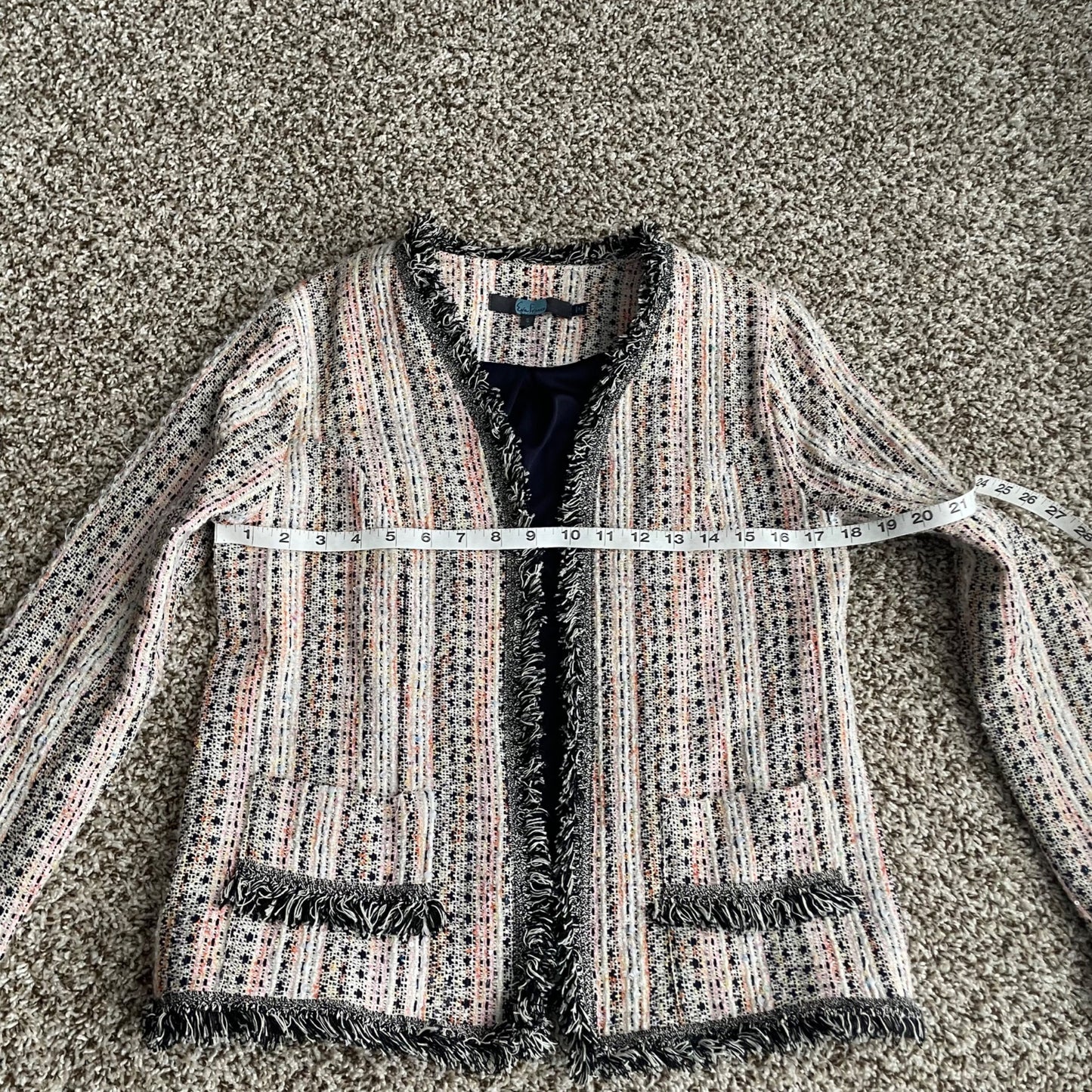 Eva Franco Reston Multicolor Tweed Fringe Hem Open Blazer Jacket Women's Small