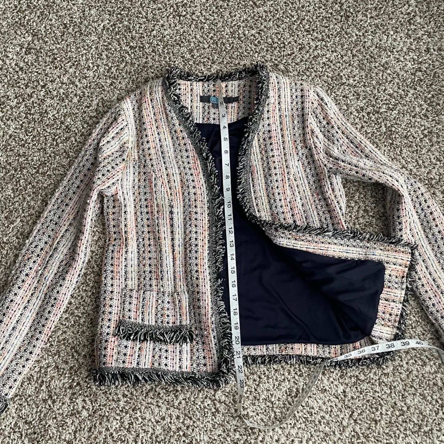Eva Franco Reston Multicolor Tweed Fringe Hem Open Blazer Jacket Women's Small