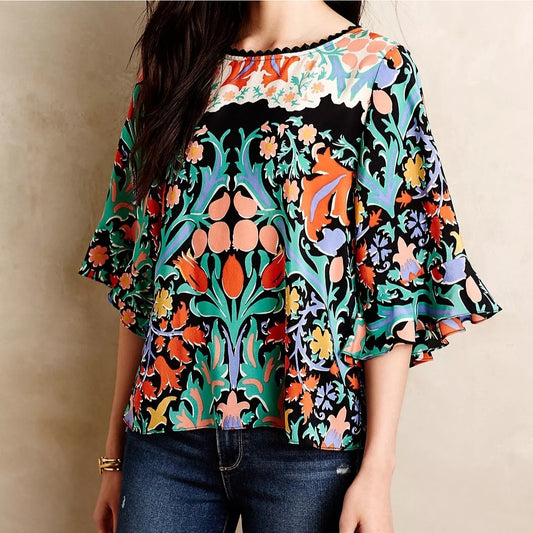 Anthropologie Maeve Folkart Kimono Sleeve Floral 100% Silk Blouse Women's Size 0