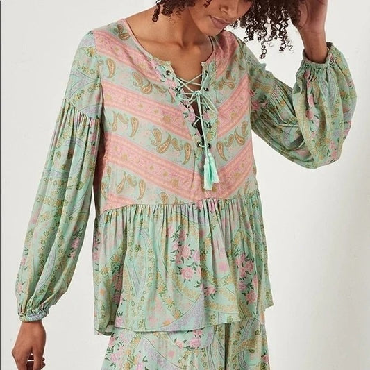 Spell & the Gypsy City Lights Sage Green Paisley Lace-Up Blouse Women's Size XS