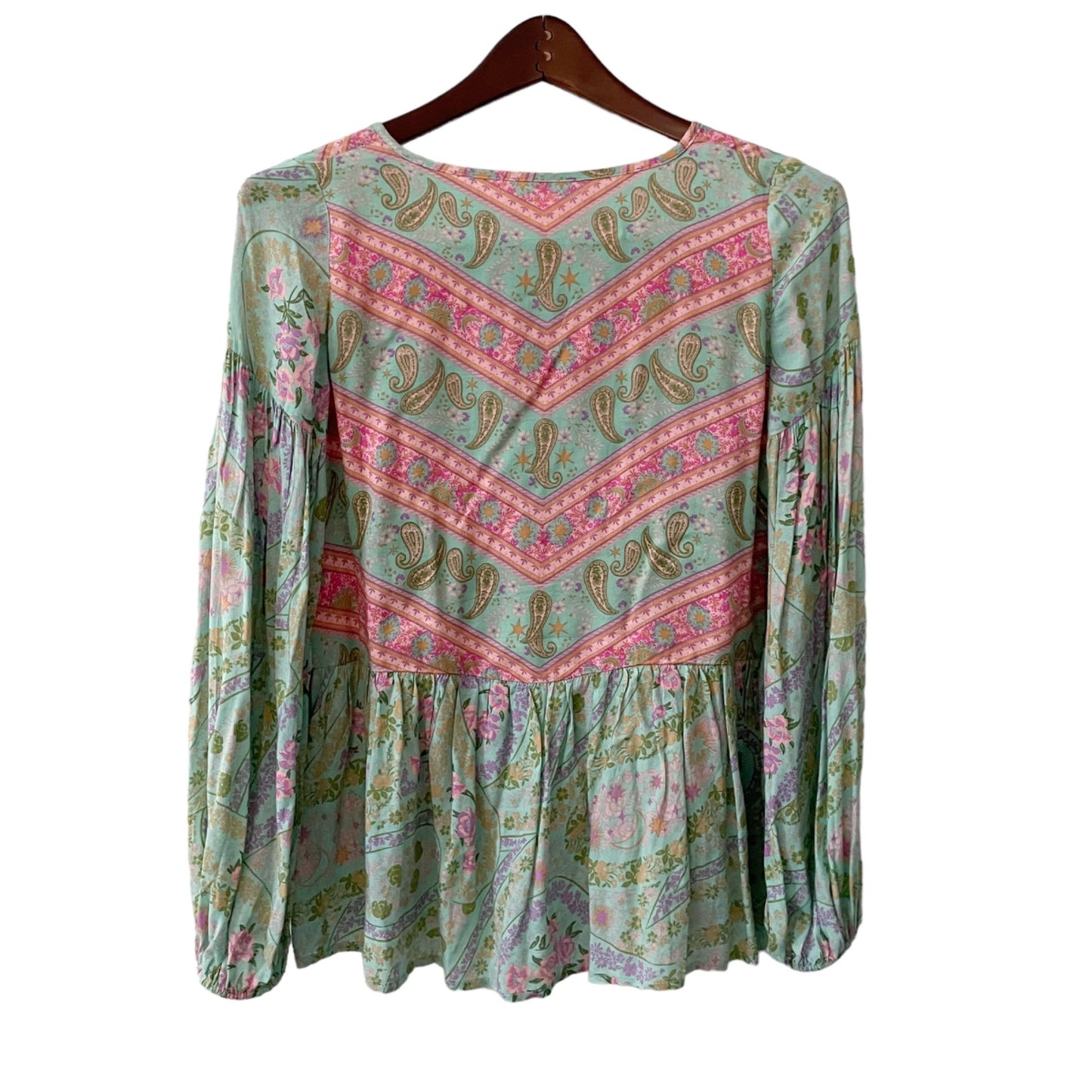 Spell & the Gypsy City Lights Sage Green Paisley Lace-Up Blouse Women's Size XS