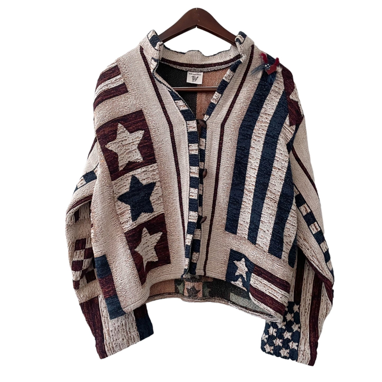 Ann Maurice Woven Americana Patriotic Sweater Jacket Women's XL Wood Buttons