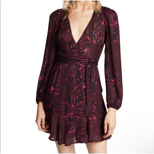 A.L.C. Embry Bordeaux 100% Silk Chiffon Long Sleeve Wrap Dress Women's Size 0