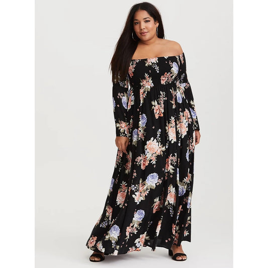 Torrid Black Floral Smocked Off the Shoulder Maxi Dress Women's Plus Size 4X